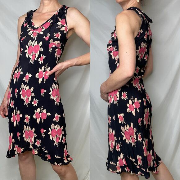 Vintage Y2K abstract rose floral print bias cut ruffle dress black pink Angie S - Picture 12 of 16